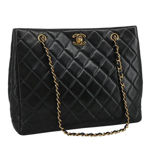 CHANEL Matelasse Chain Tote Bag Lamb Skin Black Gold CC yk16779A