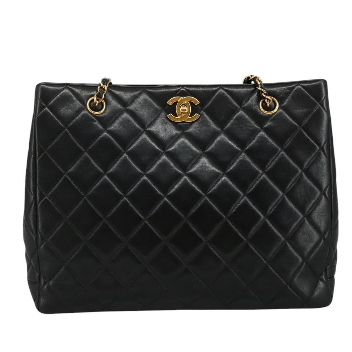 CHANEL Matelasse Chain Tote Bag Lamb Skin Black Gold CC yk16779A