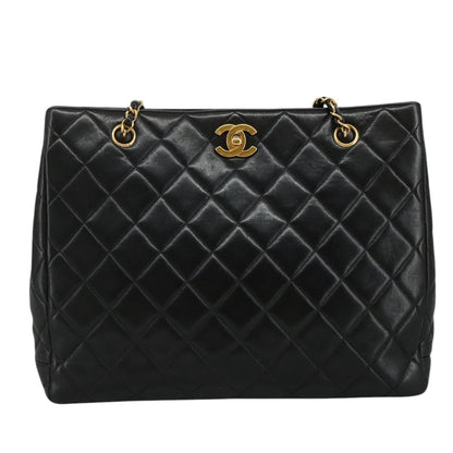 CHANEL Matelasse Chain Tote Bag Lamb Skin Black Gold CC yk16779A