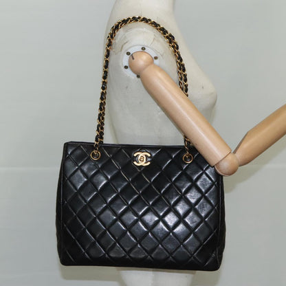CHANEL Matelasse Chain Tote Bag Lamb Skin Black Gold CC yk16779A