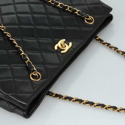 CHANEL Matelasse Chain Tote Bag Lamb Skin Black Gold CC yk16779A