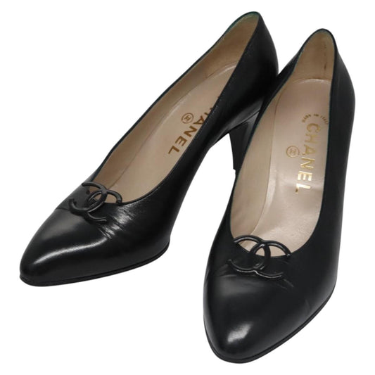 CHANEL COCO Mark Pumps shoes Leather 36 1/2 Black CC yk16951