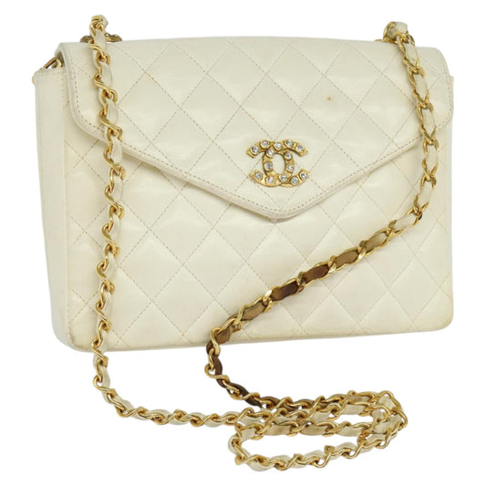 CHANEL Matelasse Chain Shoulder Bag Lamb Skin White Gold CC yk17083