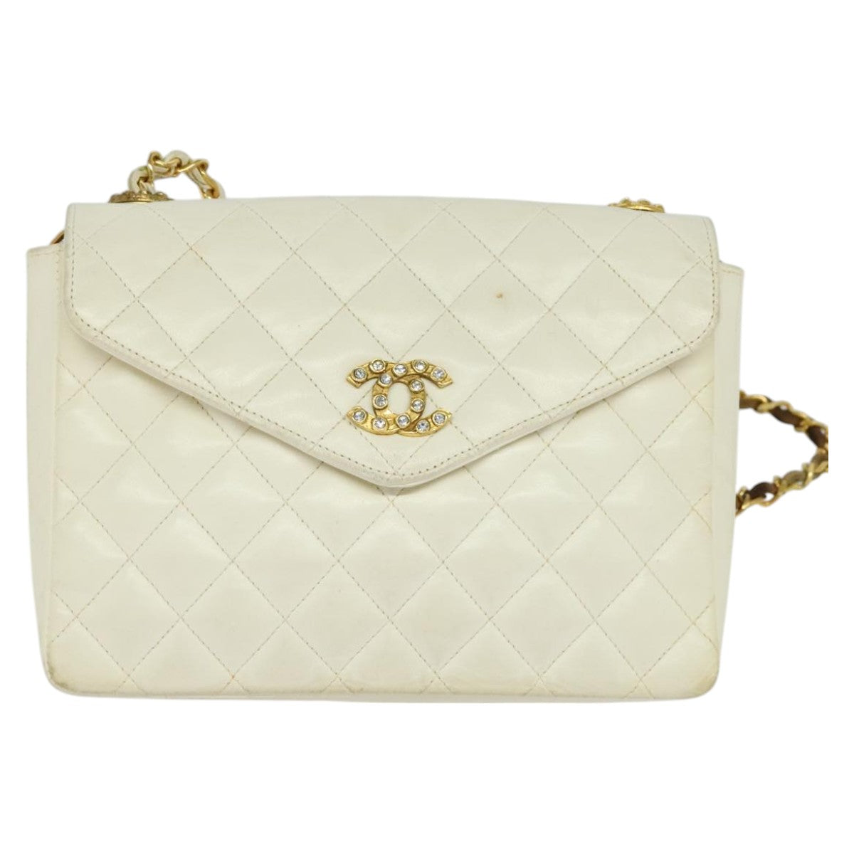 CHANEL Matelasse Chain Shoulder Bag Lamb Skin White Gold CC yk17083