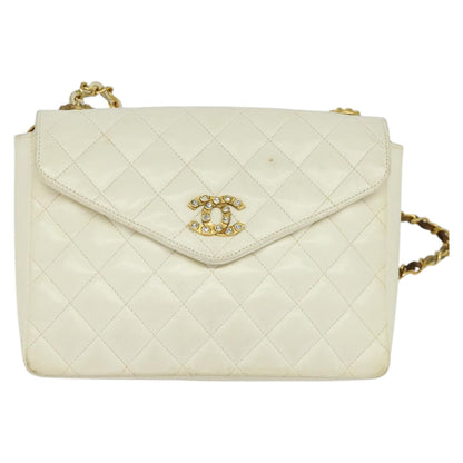 CHANEL Matelasse Chain Shoulder Bag Lamb Skin White Gold CC yk17083