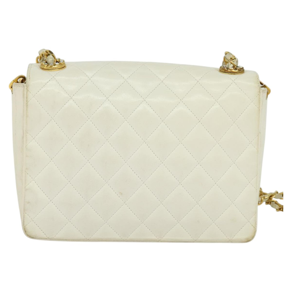 CHANEL Matelasse Chain Shoulder Bag Lamb Skin White Gold CC yk17083