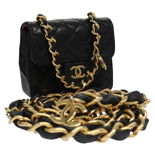 CHANEL Mini Mini Matelasse Chain Pouch Lamb Skin Black Gold CC yk17097A