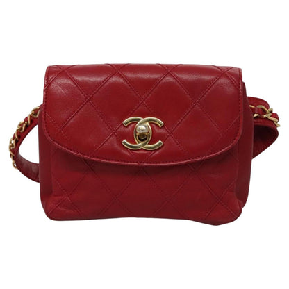 CHANEL Bicolore Chain Waist bag Leather Red Gold CC yk17115