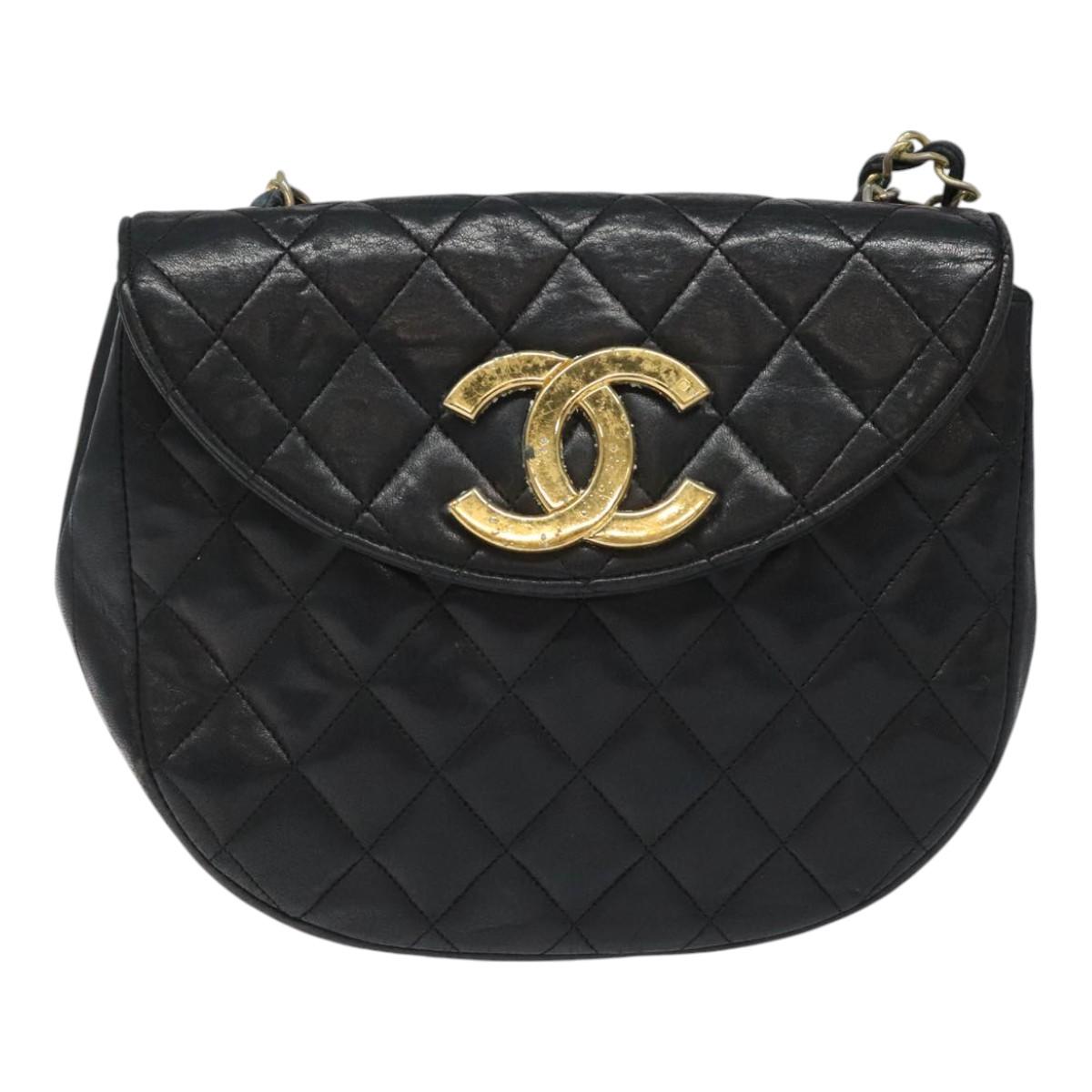 CHANEL Matelasse Big COCO Mark Chain Bag Lamb Skin Black Gold CC yk17144