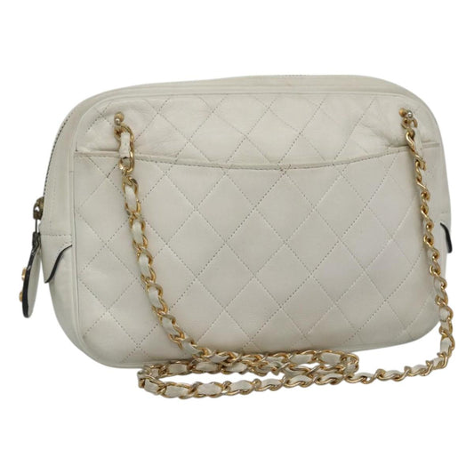 CHANEL Matelasse Chain Shoulder Bag Lamb Skin White Gold CC yk17150