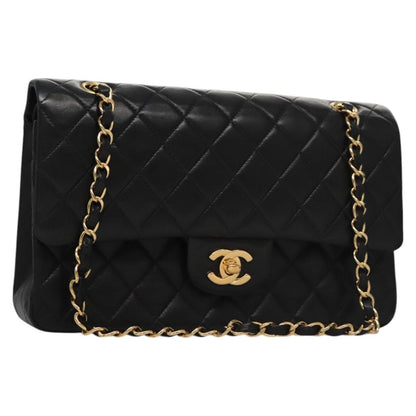 CHANEL Matelasse 25 Double Flap Chain Bag Lamb Skin Black Gold CC yk17220A