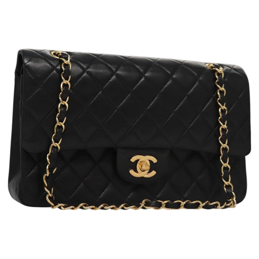 CHANEL Matelasse 25 Double Flap Chain Bag Lamb Skin Black Gold CC yk17220A