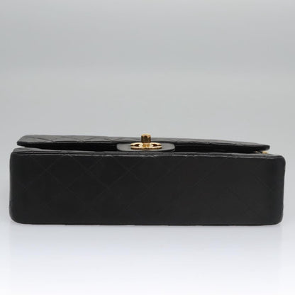 CHANEL Matelasse 25 Double Flap Chain Bag Lamb Skin Black Gold CC yk17220A