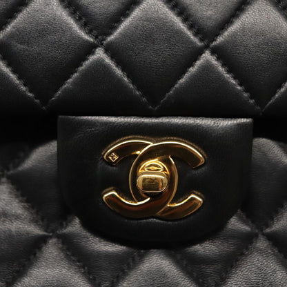 CHANEL Matelasse 25 Double Flap Chain Bag Lamb Skin Black Gold CC yk17220A