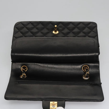 CHANEL Matelasse 25 Double Flap Chain Bag Lamb Skin Black Gold CC yk17220A