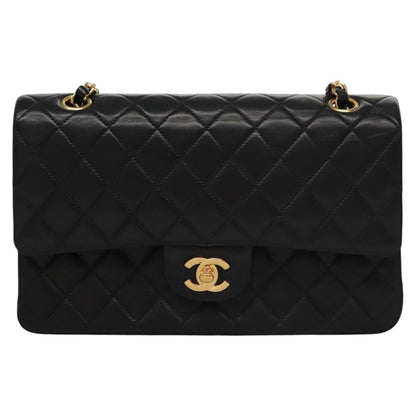 CHANEL Matelasse 25 Double Flap Chain Bag Lamb Skin Black Gold CC yk17220A