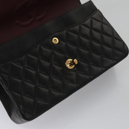 CHANEL Matelasse 25 Double Flap Chain Bag Lamb Skin Black Gold CC yk17220A
