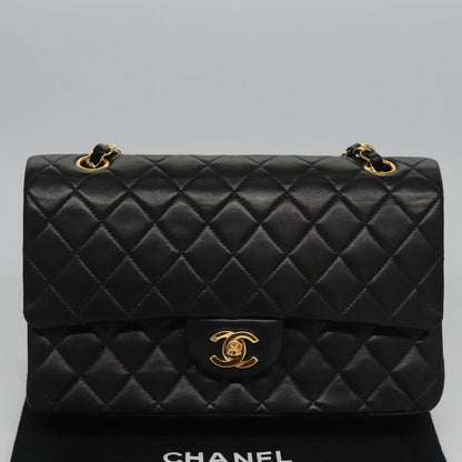 CHANEL Matelasse 25 Double Flap Chain Bag Lamb Skin Black Gold CC yk17220A