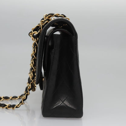 CHANEL Matelasse 25 Double Flap Chain Bag Lamb Skin Black Gold CC yk17220A