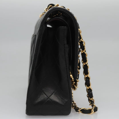 CHANEL Matelasse 25 Double Flap Chain Bag Lamb Skin Black Gold CC yk17220A