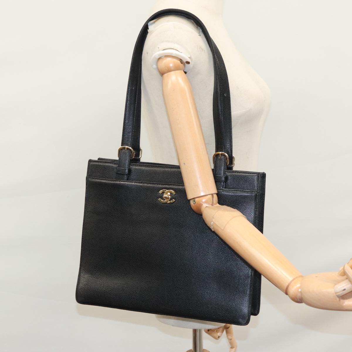CHANEL COCO Mark Tote Bag Caviar Skin Black Gold CC yk17238A