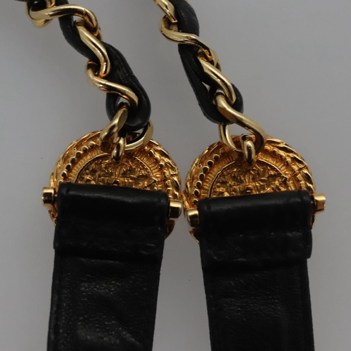 CHANEL Chain Belt Metal Leather 49.6"" Gold Black CC yk17255