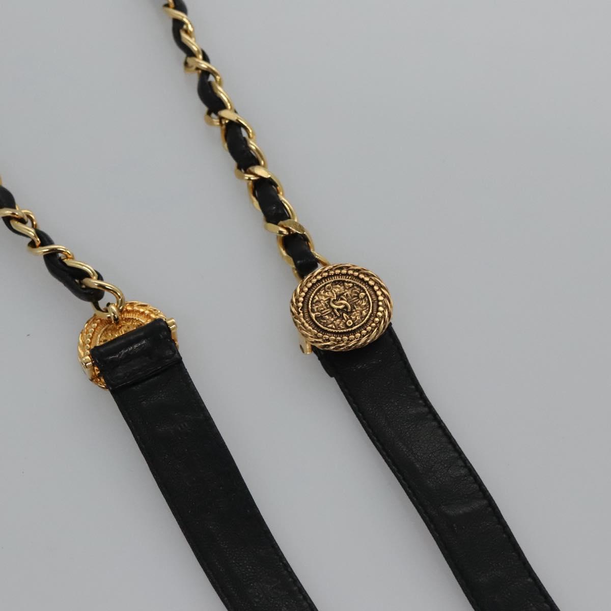 CHANEL Chain Belt Metal Leather 49.6"" Gold Black CC yk17255