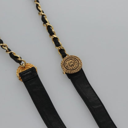 CHANEL Chain Belt Metal Leather 49.6"" Gold Black CC yk17255
