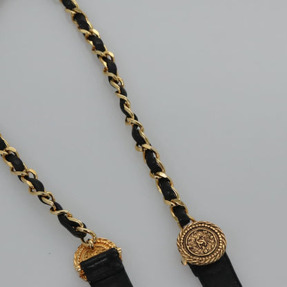 CHANEL Chain Belt Metal Leather 49.6"" Gold Black CC yk17255