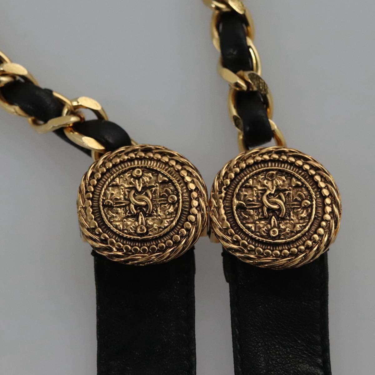 CHANEL Chain Belt Metal Leather 49.6"" Gold Black CC yk17255
