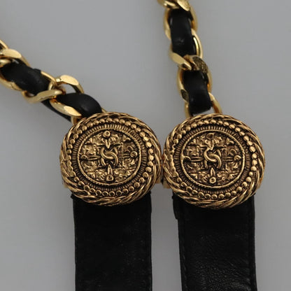 CHANEL Chain Belt Metal Leather 49.6"" Gold Black CC yk17255
