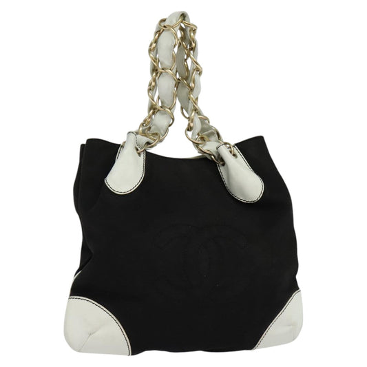 CHANEL COCO Mark Chain Tote Bag Canvas Leather Black White CC yk17264