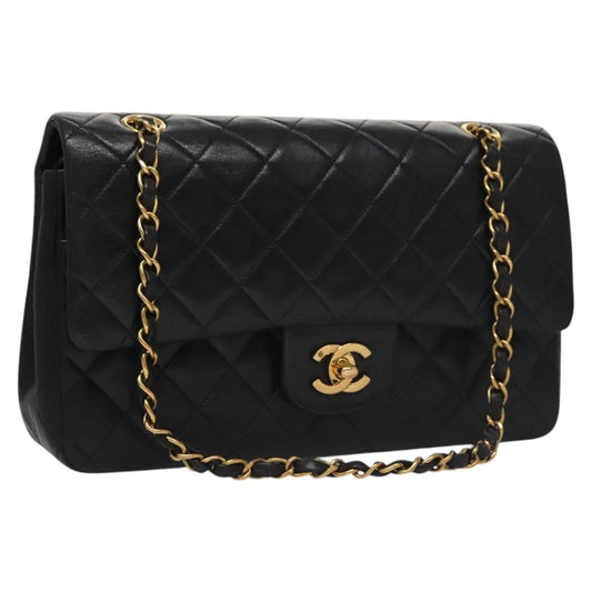 CHANEL Matelasse 25 Double Flap Shoulder Bag Lamb Skin Black CC yk17459A