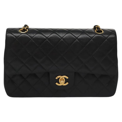 CHANEL Matelasse 25 Double Flap Shoulder Bag Lamb Skin Black CC yk17459A