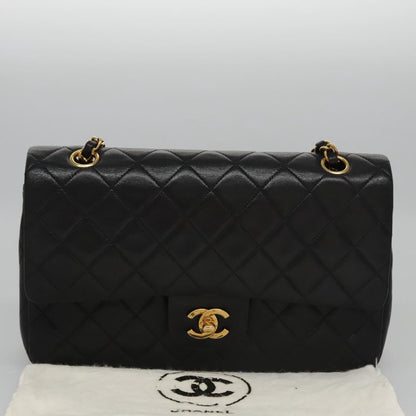 CHANEL Matelasse 25 Double Flap Shoulder Bag Lamb Skin Black CC yk17459A