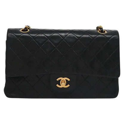 CHANEL Matelasse 25 Double Flap Shoulder Bag Lamb Skin Black CC yk17461A