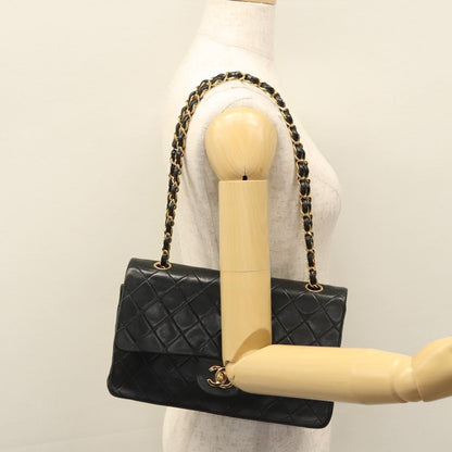 CHANEL Matelasse 25 Double Flap Shoulder Bag Lamb Skin Black CC yk17461A