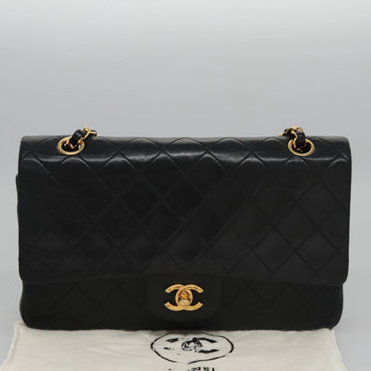 CHANEL Matelasse 25 Double Flap Shoulder Bag Lamb Skin Black CC yk17461A