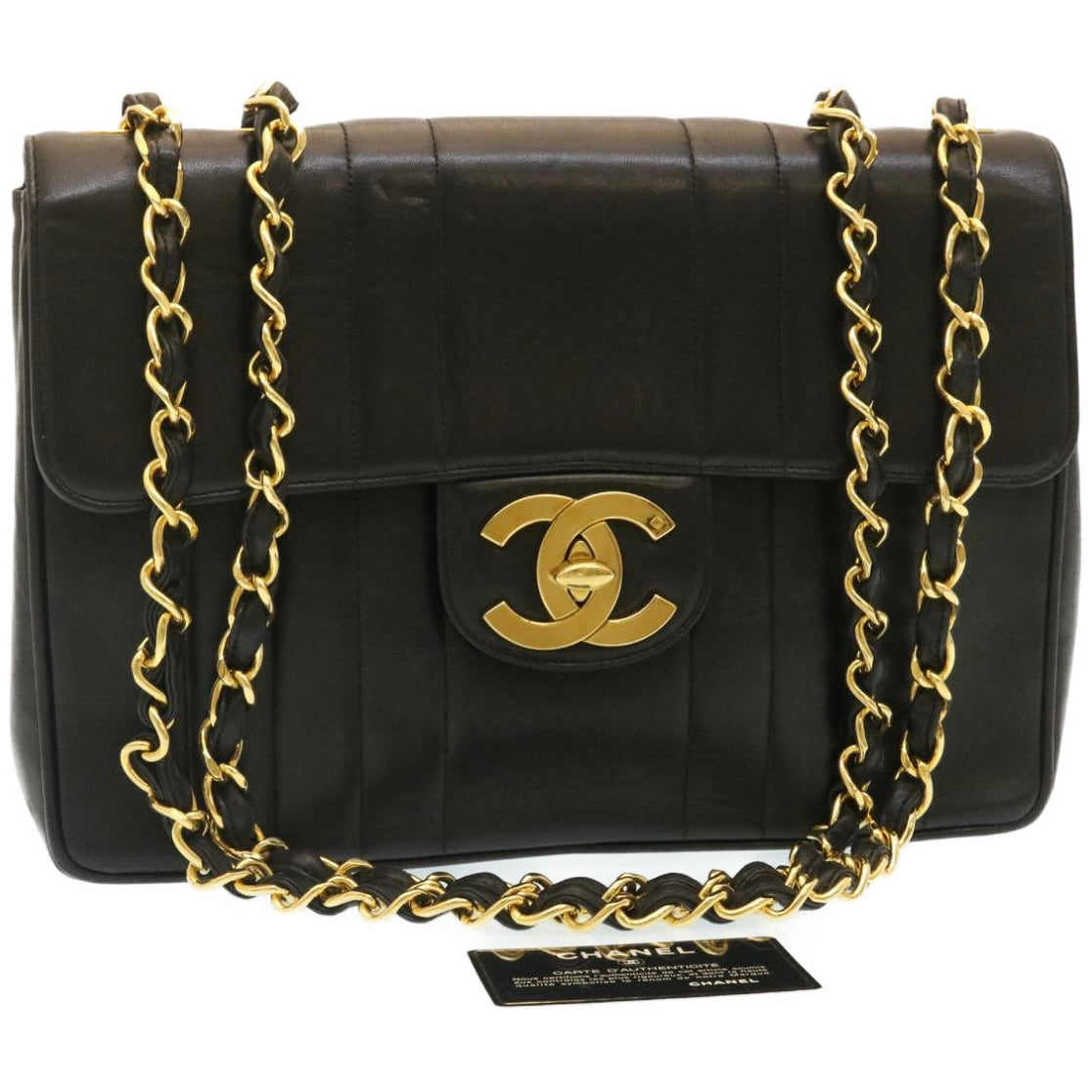 CHANEL Mademoiselle Big COCO Mark Chain ShoulderBag Lamb Skin Black yk4080A